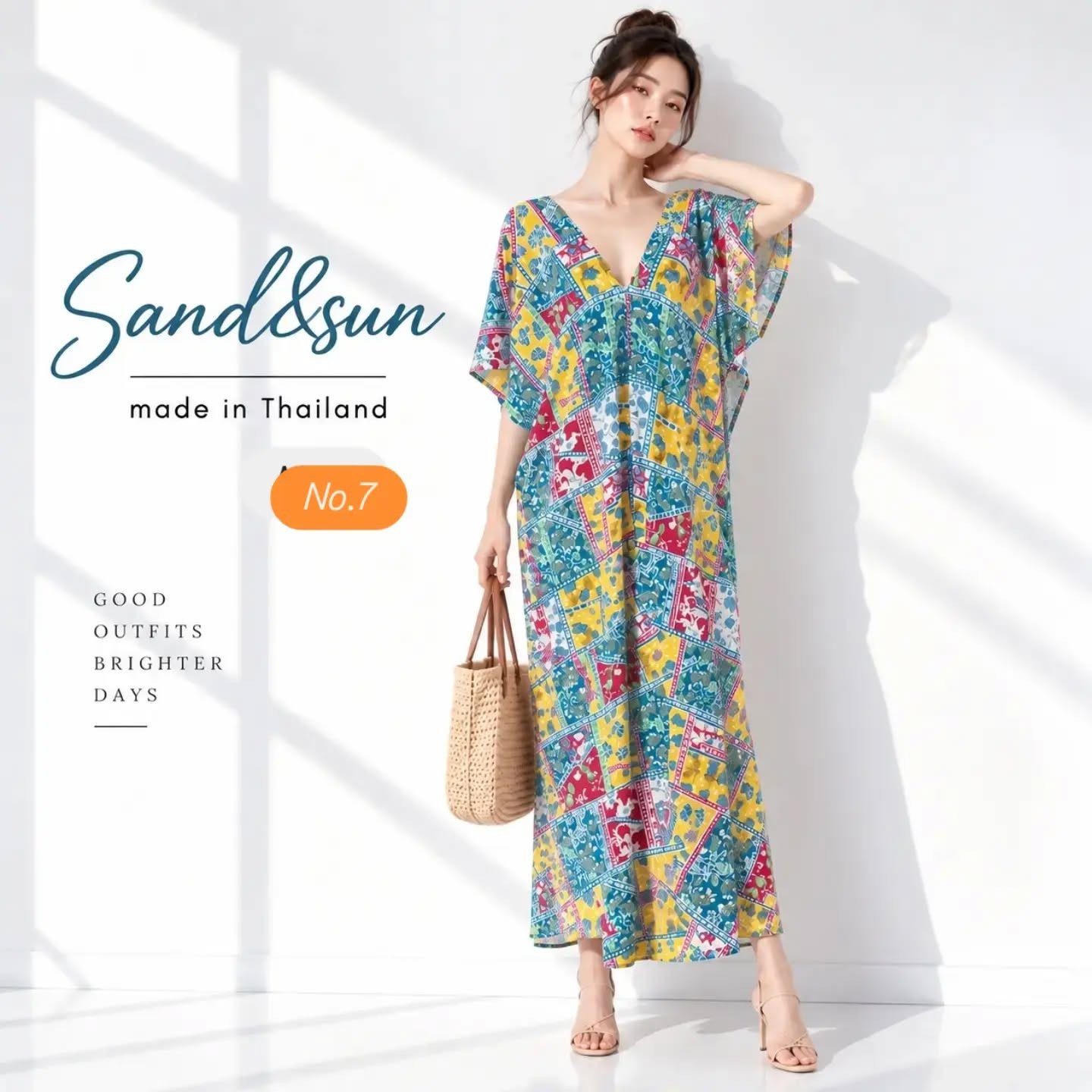 เดรสยาวคอวี Cotton rayon ลายแพตช์เวิร์กหลากสี No.7